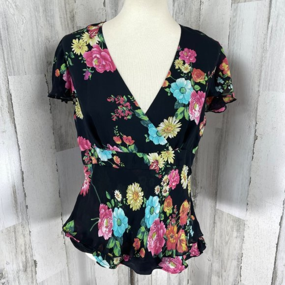 Spenser Jeremy Women's Black Floral Silk Flutter Sleeve Shirt Top Blouse Sz 8